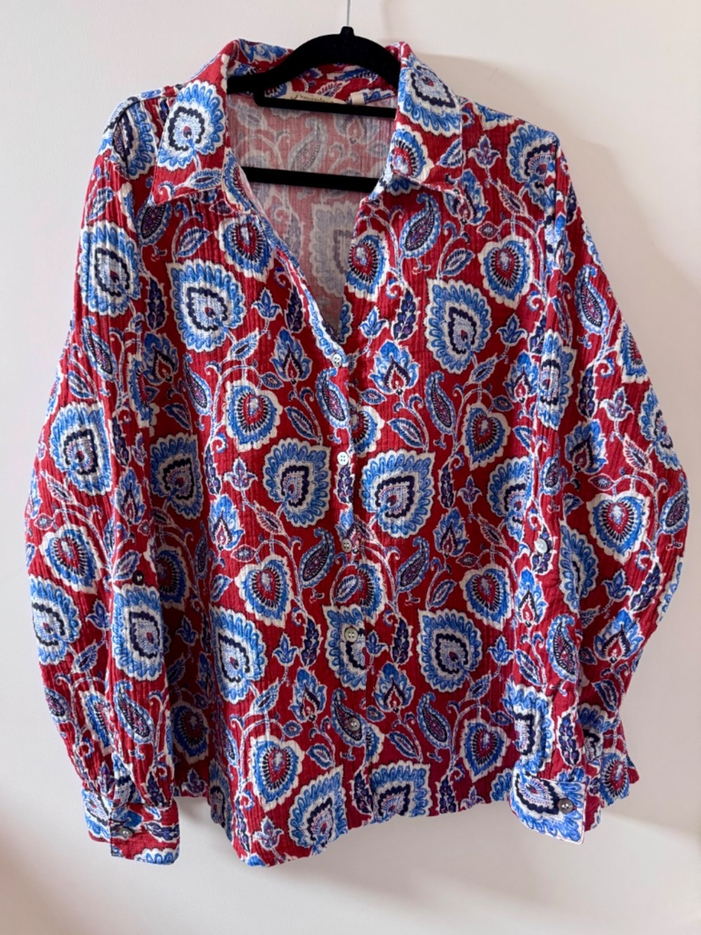 Soft Surroundings Paisley Cotton Blouse XL Red Blue Boho V-Neck